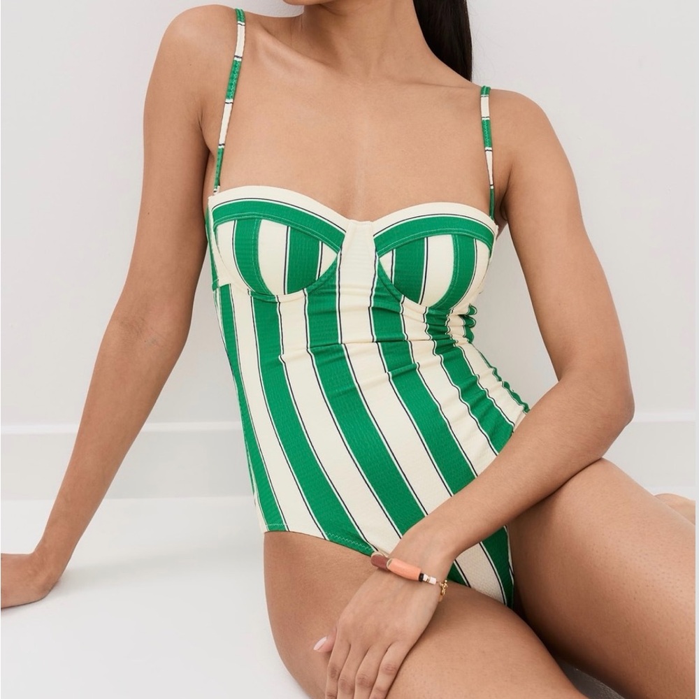 STAUD Maeve One Piece Swimsuit Bungalow Stripe Green and Cream - Rare, Sold Out